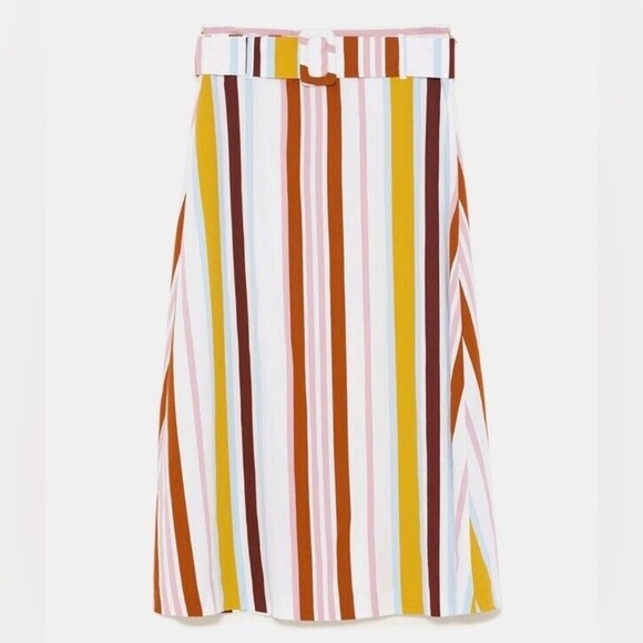 High Waisted Midi Striped Skirt Zara Belt Detail - Picture 3 of 9